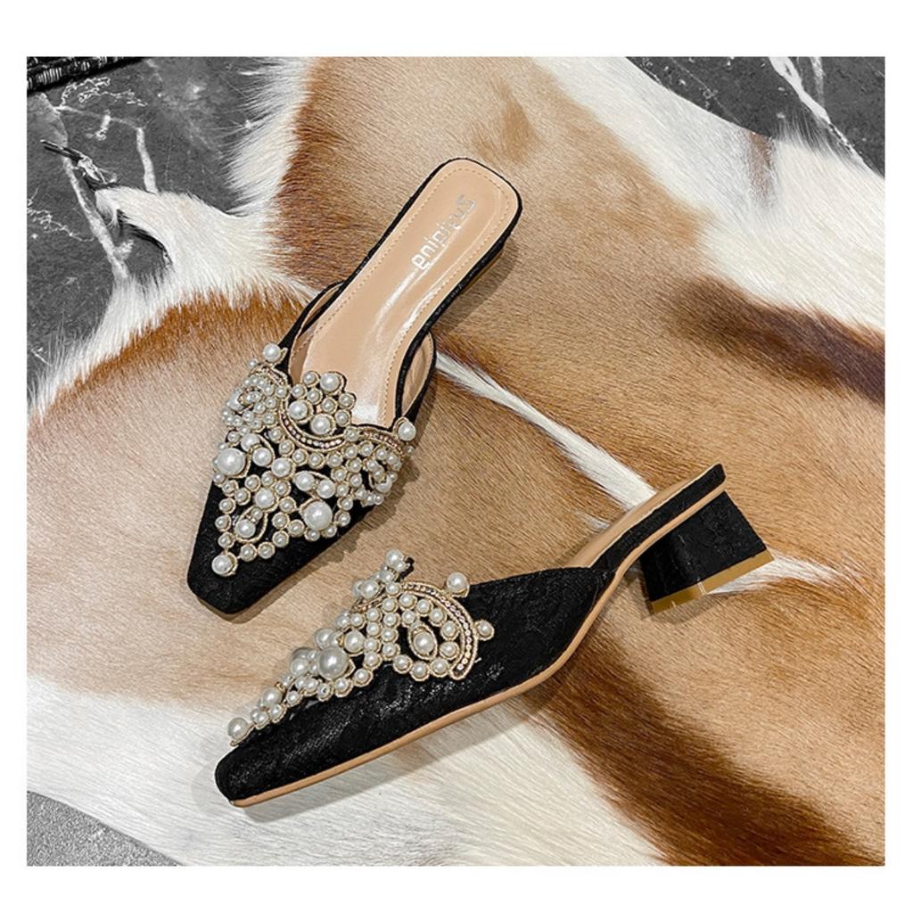 New Thick Heel Baotou Slippers with Pearl Decoration for Women's Head, Middle Heel, Soft Bottom, Half Tow, Outerwear Cool