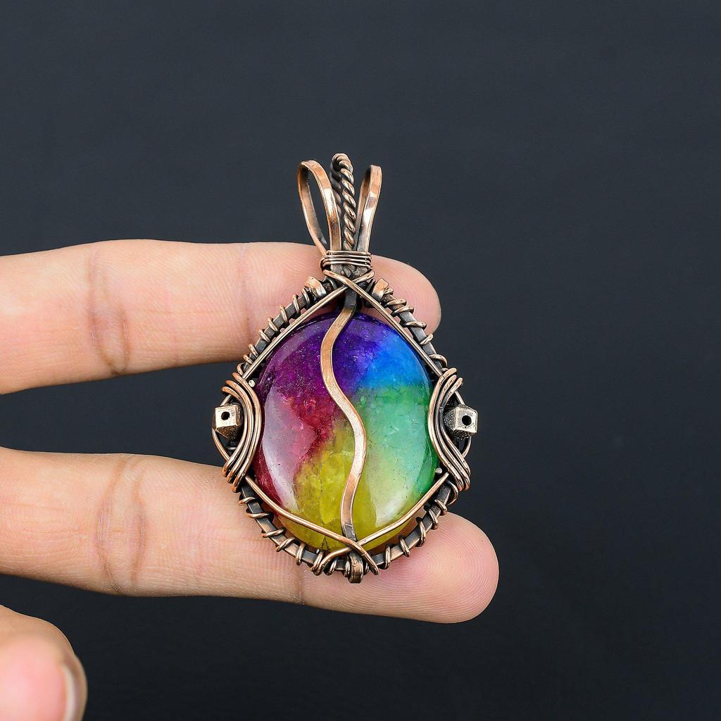 Rainbow Solar Quartz 999 Copper Wire Wrapped Pendant, Handmade Gemstone Pendant Jewelry, Gifts For Wife Brand New Pendant