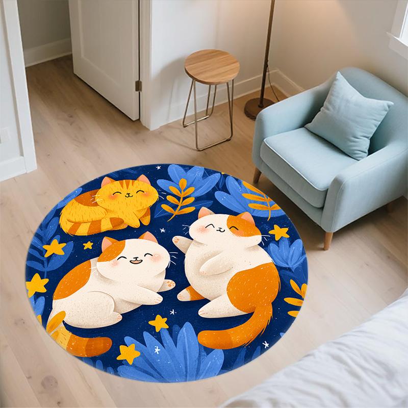 Flat Style Cat,Round Area Rug,Carpet Rug for Living Room Bedroom Sofa Playroom Decor,Non-slip Floor Mat