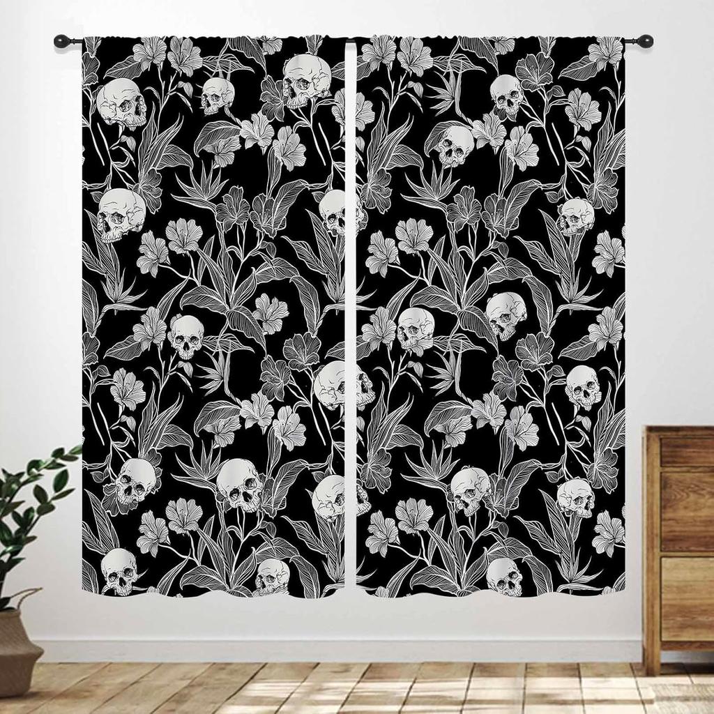 Gothic Skull Window Curtains,Boho Black Red Floral Rose Witchy Mysterious Skull Skeleton Printing Windows Drapes for Bedroom