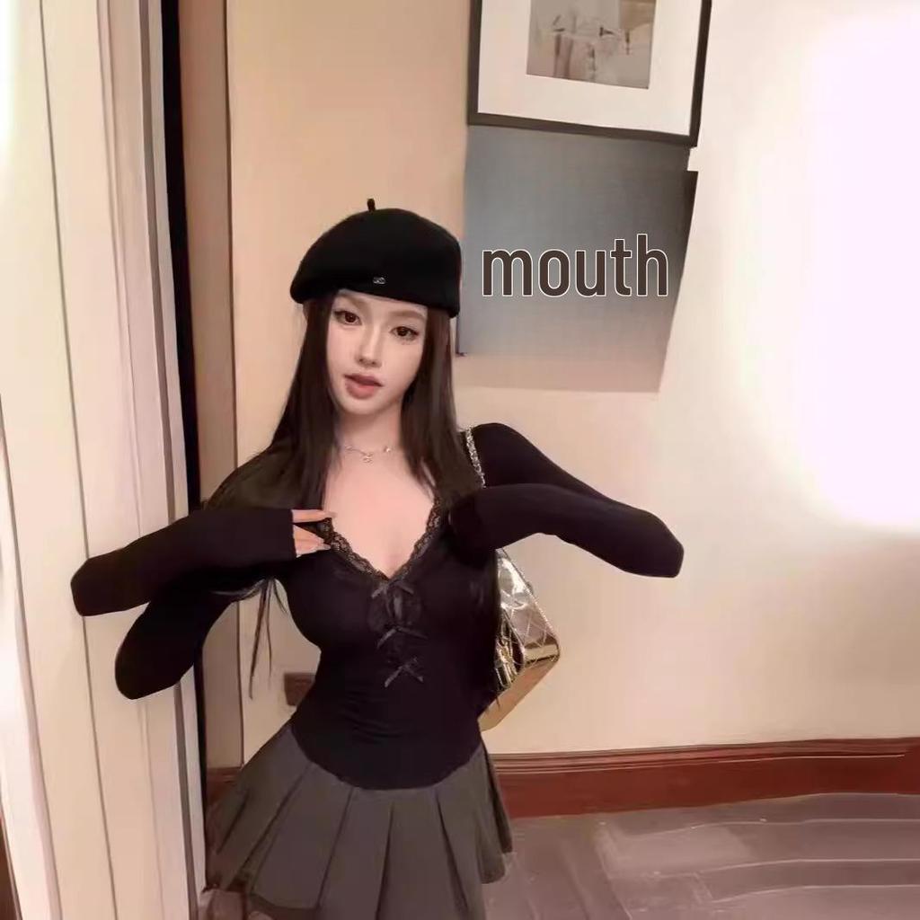 Schleife Spitze V-Ausschnitt Langarm Slim-Fit Frühlings-T-Shirt für Damen