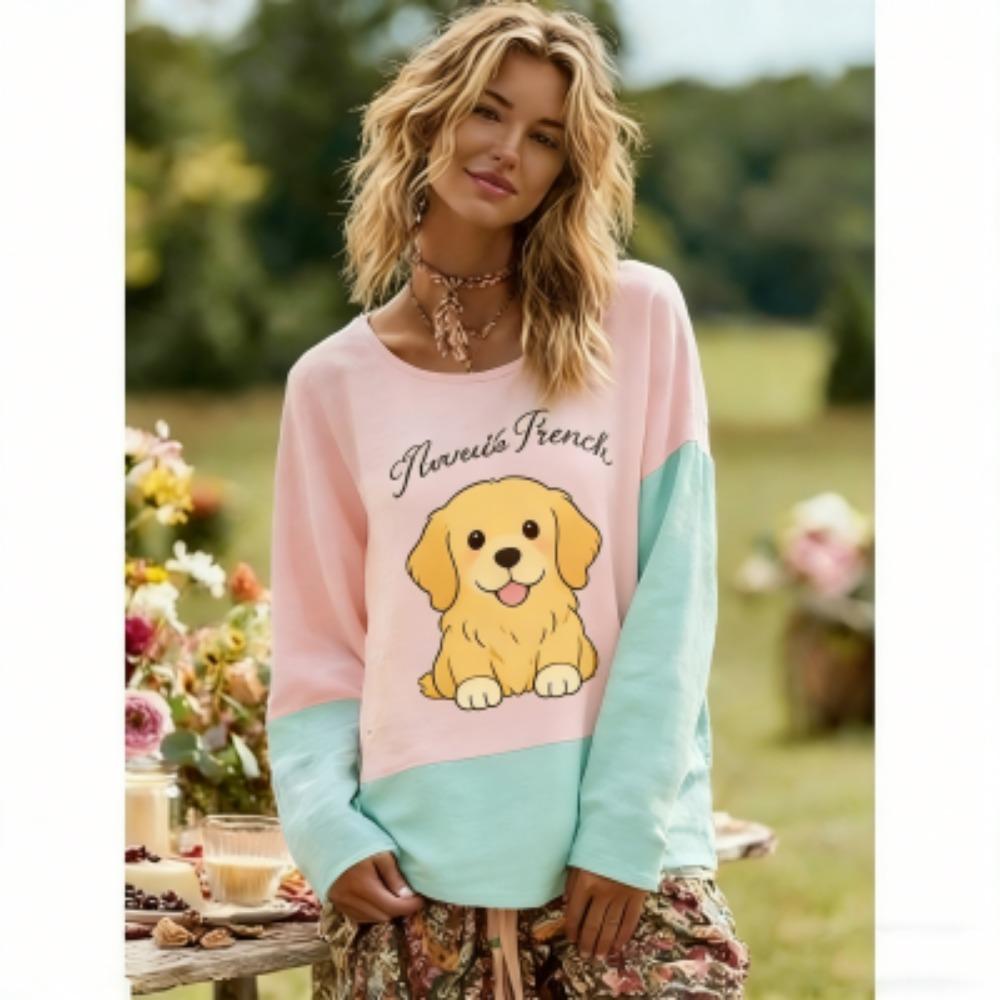 Frühling Europa Amerika Tier Katze und Hund Druck Damen T-Shirts Tops Mode Straße Damen Langarm Kleidung Outdoor Freizeit T-Shirt Pullover