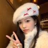 Women’s Hat Sweet and Cute Bowknot Rabbit Fur Plush Beret - Warm Painter Hat for Autumn and Winter