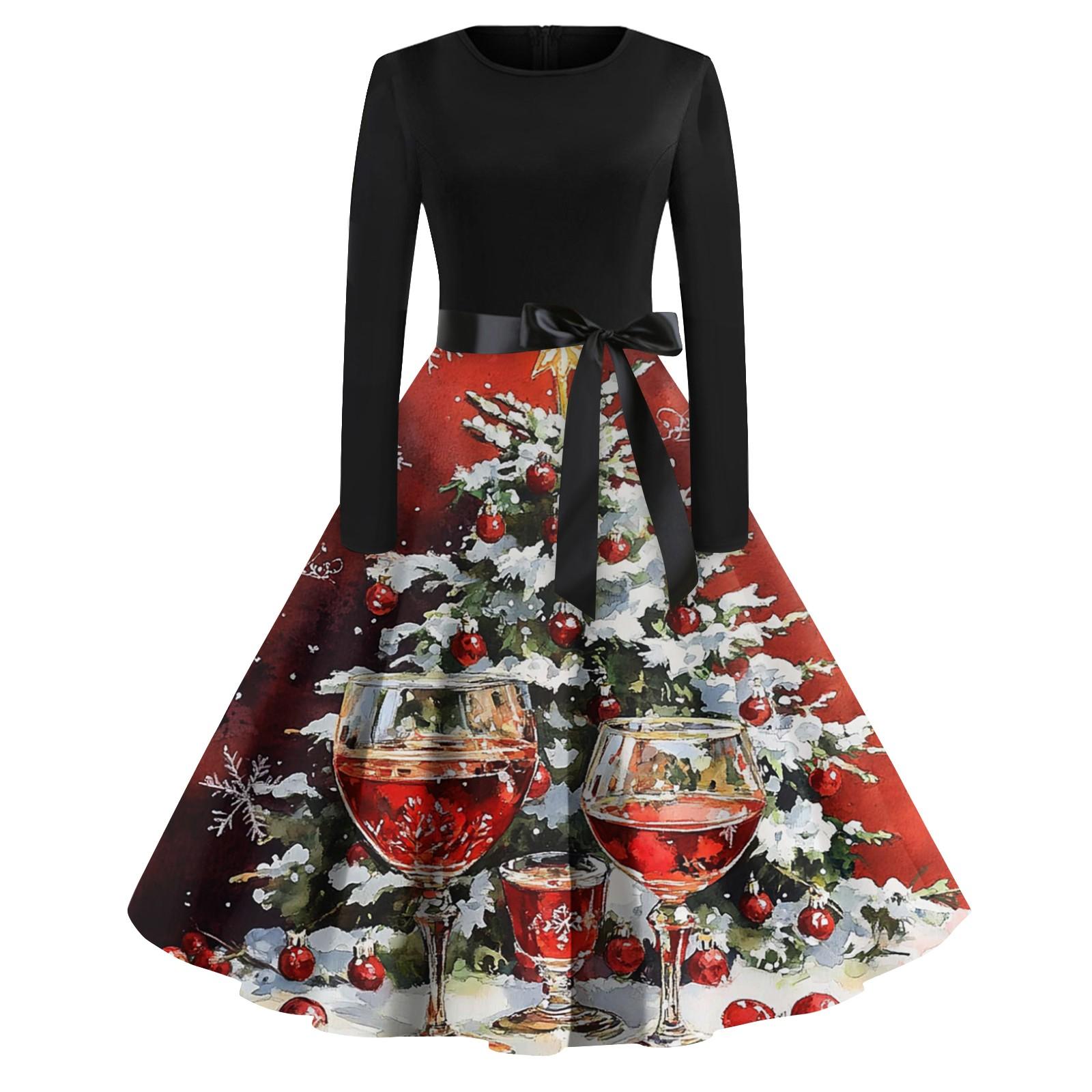 

Женская мода винтаж с длинным рукавом и круглым вырезом с рождественским принтом вечерние платья платья XL киноварь