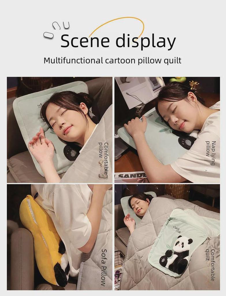 Polštářek/přikrývka 2 v 1 s kreslenou pandou: Kancelář, Auto a Domov