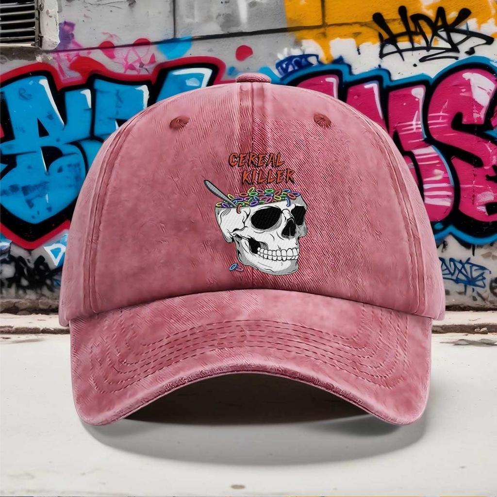 Cereal Killer Skull Graphic Washed Baseball Cap Funny Adjustable Cotton Outdoor Dad Hat