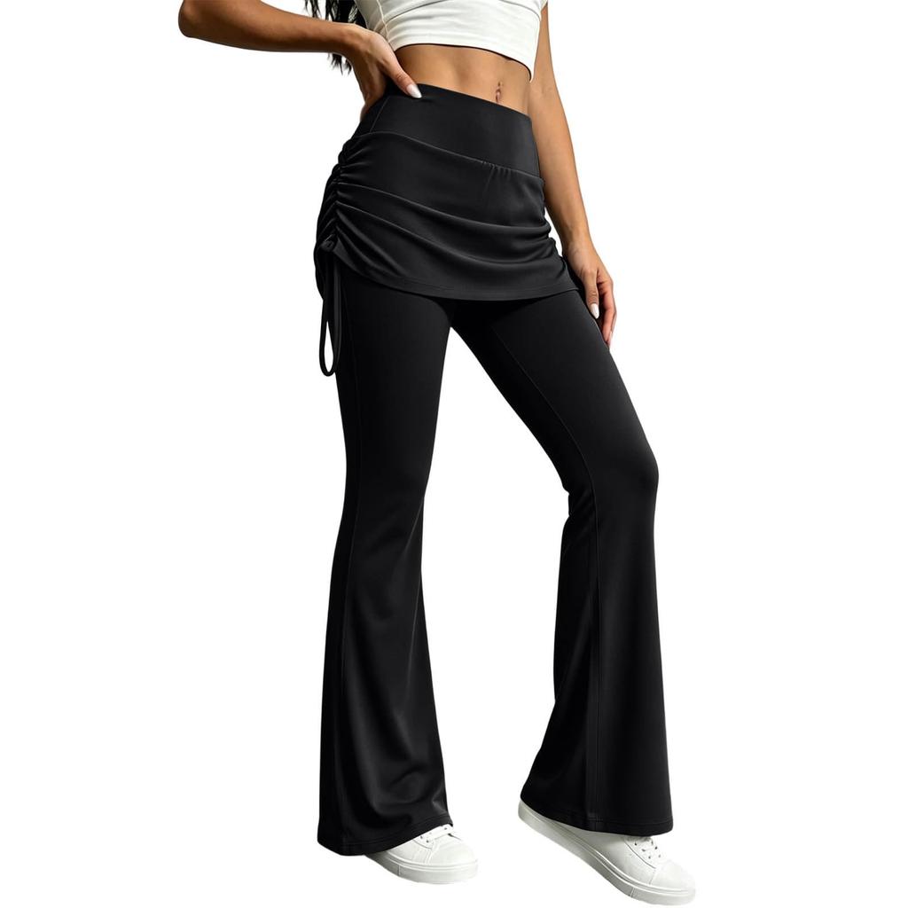 Damen High Waist Schlag-Yogahose mit Rock-Überlage Dehnbare Weitbeinige Hose für Freizeit-Fitnessaktivitäten