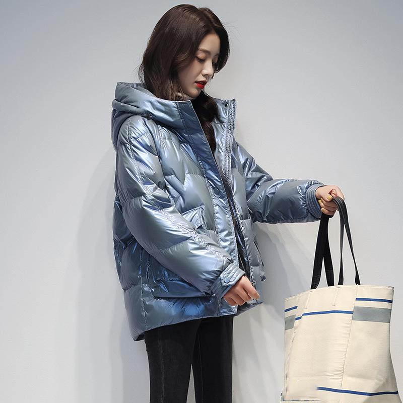 Kurze Daunen-Baumwolljacke Für Damen Winter Glänzend Mode Locker Dicke Jacke Weiblich Lässig Baumwolle Mit Kapuze Parka Jacken