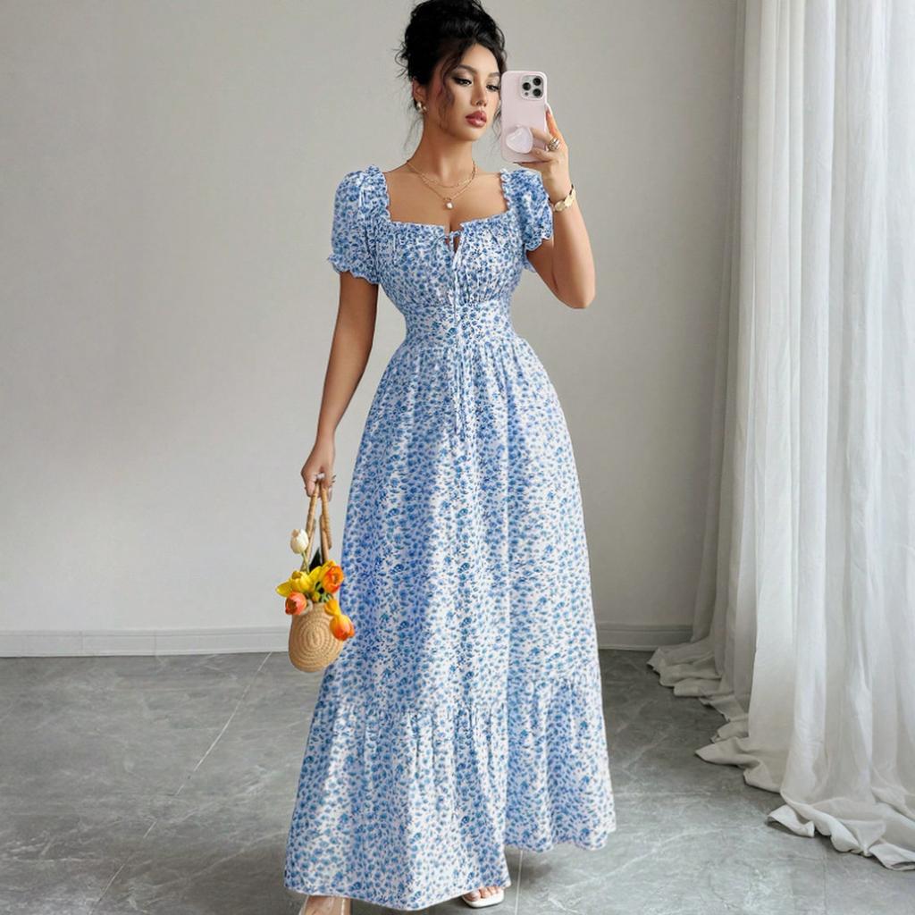 Women’s Elegant Floral Print Off Shoulder Maxi Dress with Puff Sleeves and Fitted Waist for Casual or Formal Wear