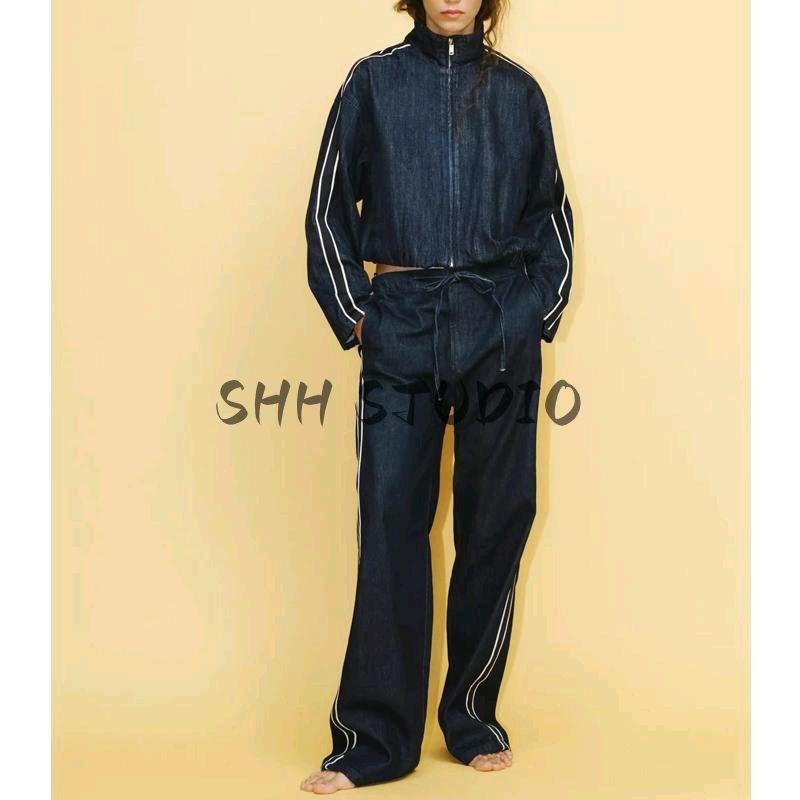 Spring Women Clothes Side Band Decoration Jeans 6929011 Patchwork Stripe Band Denim Coat 6929075