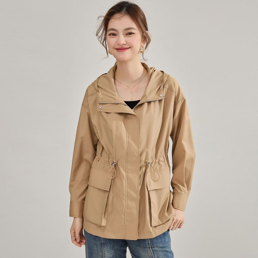 Spring New Loose Casual Tooling Wind Hooded Jacket Drawstring Waist Thin Cotton Short Trench Coat 15786