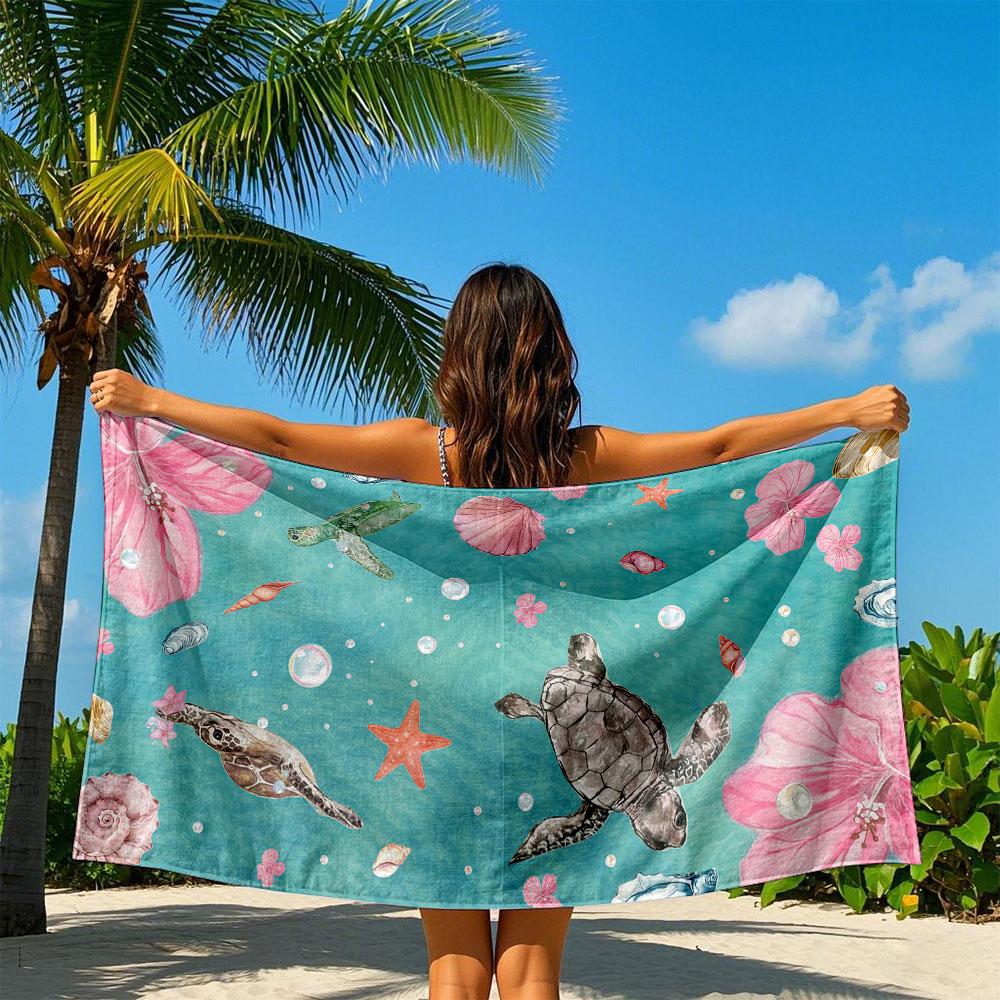 Turtle & Hibiscus Print Beach Towel Quick Drying Travel Towel Unisex Soft Comfortable Quick Dry Portable for Men Women Beach
