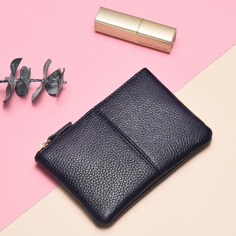 

Кожаный мешочек для мелочи Женский мини-кошелек для ключей Простой кошелек для мелочи с двойной молнией Короткий маленький кошелек из первого слоя коровьей кожи темно-синий