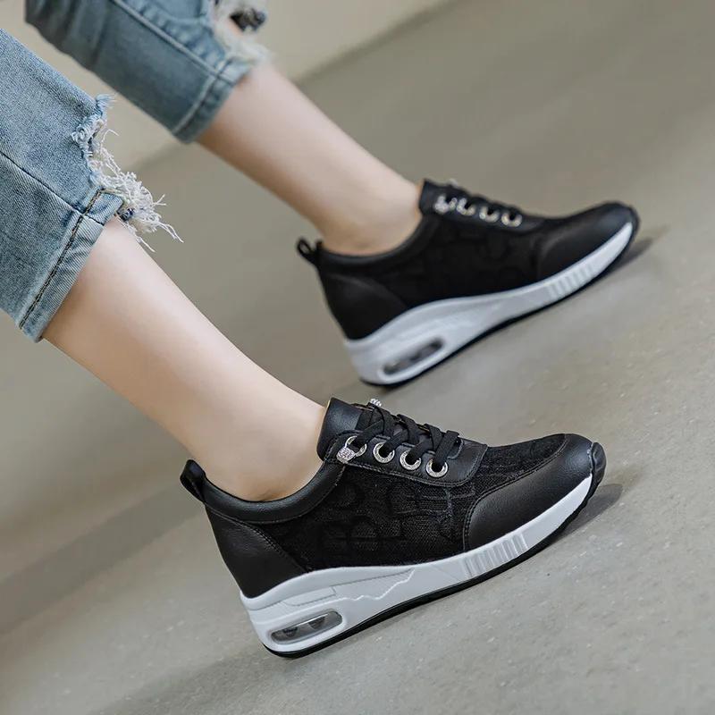 Womens Wedge Heel Block Heel Sandals Mesh Surface Women Shoes Breathable Casual Shoes Lace Up Tenis Thick Sole Sneakers 6CM heel
