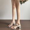 Soft leather version~ brown with Roman sandals 2025 summer new thick heel retro style with skirt beautiful toe sandals