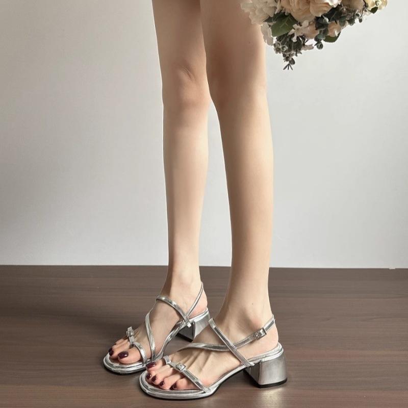 Soft leather version~ brown with Roman sandals 2025 summer new thick heel retro style with skirt beautiful toe sandals