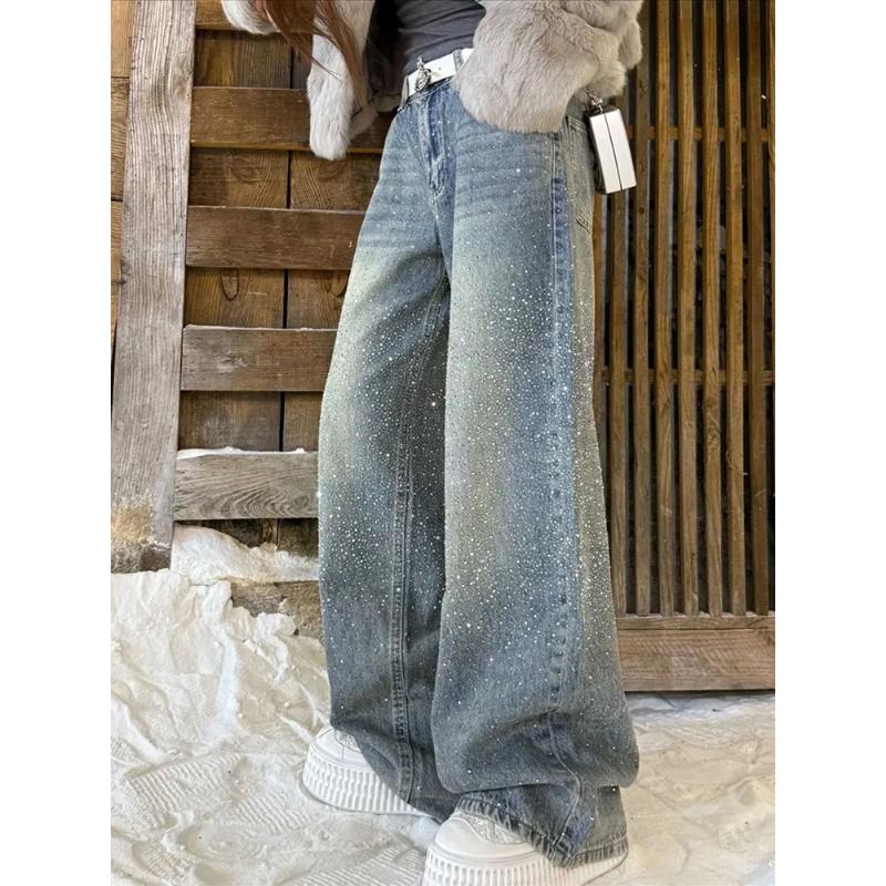 Women Wide Leg Jeans High Waist Sequin Embellished Gradient Wash Denim Pants Casual Fashion Trousers