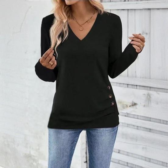Women Tops V-Neck Long Sleeve Side Buttons Decor Casual Pullover Tops Solid Color Spring Autumn Blouse