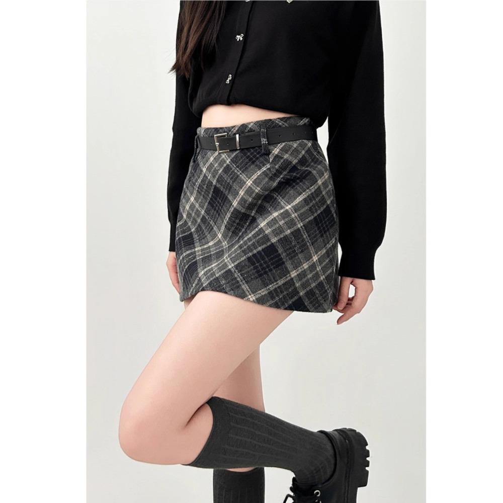 High-Waisted Plaid Slit Skirt - Plus Size Korean Style Retro Slimming Women's Fashion 2025 Autumn