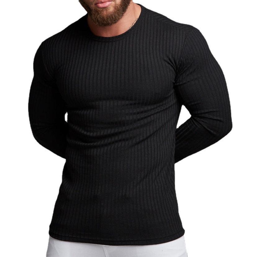 Men Casual Sports Fitness Elastic Vertical Stripe Round Neck Long Sleeve T Shirt