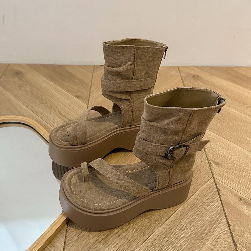 Vintage Thick-soled Roman Cool Boots for Women's 2025 Summer New Fashion Set-toed High-top Sandals Heightened Zipper Short Boots