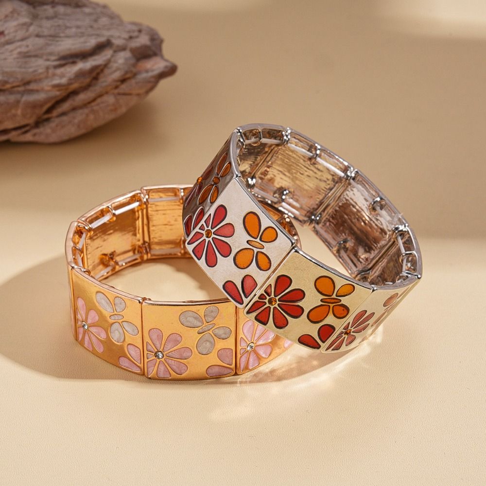 Metal Drip Oil Flower Bracelet Silver Elastic Bangles Geometric Square Bangle  Girls Gift