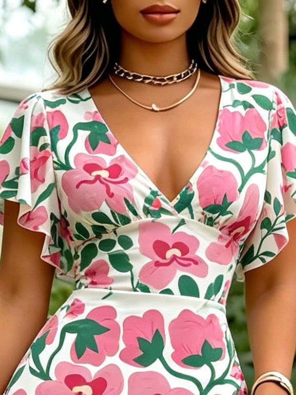 Women's White V Neck Maxi Dress with Floral Print Flare Sleeve Casual Party Dress for Summer