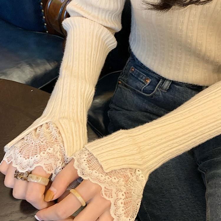 French Patchwork Lace Inner Knit Sweater for Women's Autumn and Winter New Style Slim Fit and Slimming Half High Neck Sweater Base Shirt Top