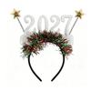 1117 New Year Headband Silvery Glitter Number Hair Hoop with Red Green Tinsel Golden Star,Christmas New Year'S Eve Party Prop