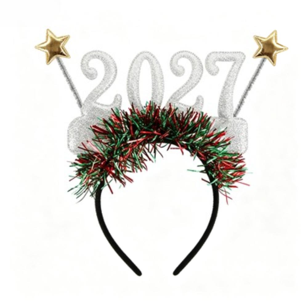 1117 New Year Headband Silvery Glitter Number Hair Hoop with Red Green Tinsel Golden Star,Christmas New Year'S Eve Party Prop