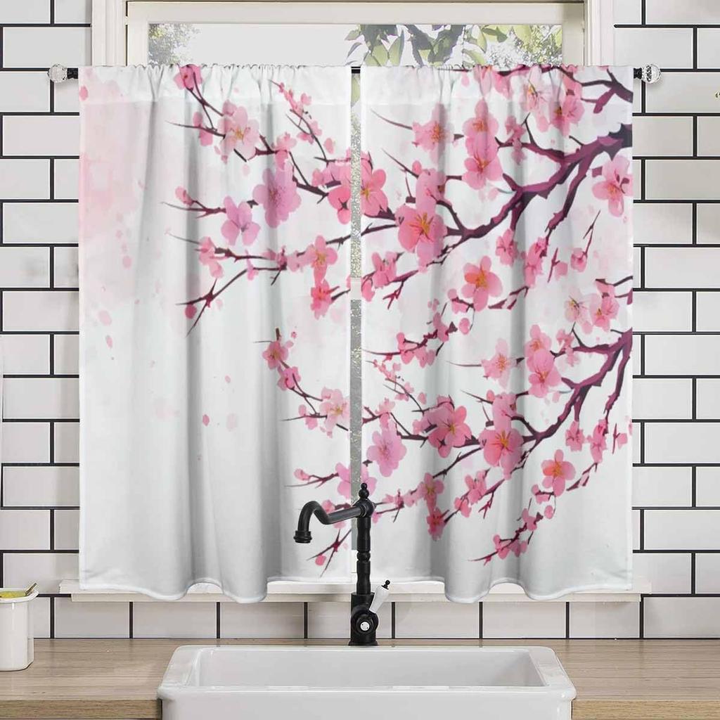 Purple Cherry Kitchen Tier Curtains, Spring Sakura Floral Cafe Curtains for Living Room,Bathroom,Dining Room Over Sink,Laundry