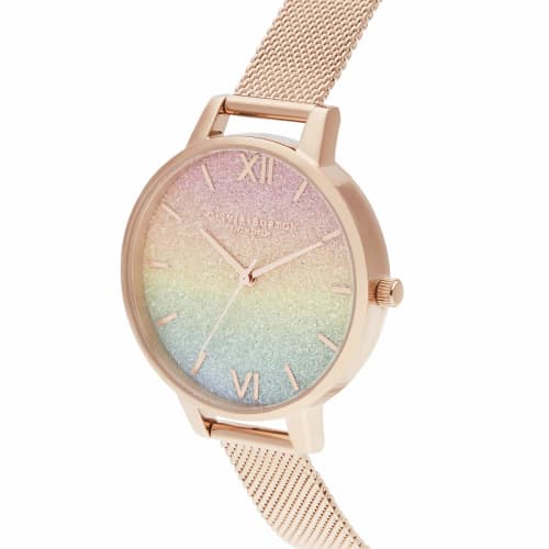 Authorized Retailer: OLIVIA BURTON Women's Watch, OB16RB18, Rainbow Glitter Dial & Rose Gold Mesh, 34mm