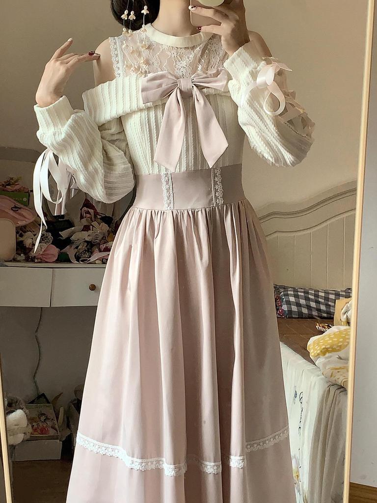 Women's Light Pink Off-Shoulder Dress: Autumn, Sweet Bow Tie, Lace Waist, Long and Trendy