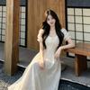 French Pure Desire High Sense Waist Puffy Dress Women Waist Thin Mesh Splicing Holiday Style Long Skirt Summer