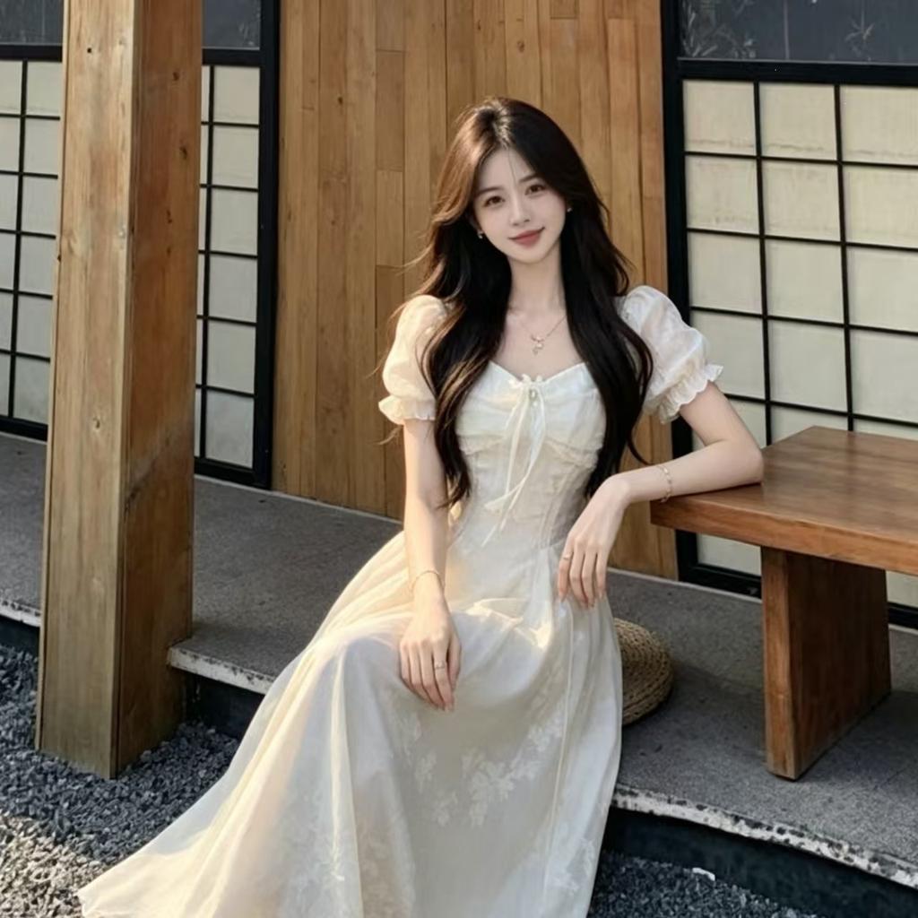 French Pure Desire High Sense Waist Puffy Dress Women Waist Thin Mesh Splicing Holiday Style Long Skirt Summer