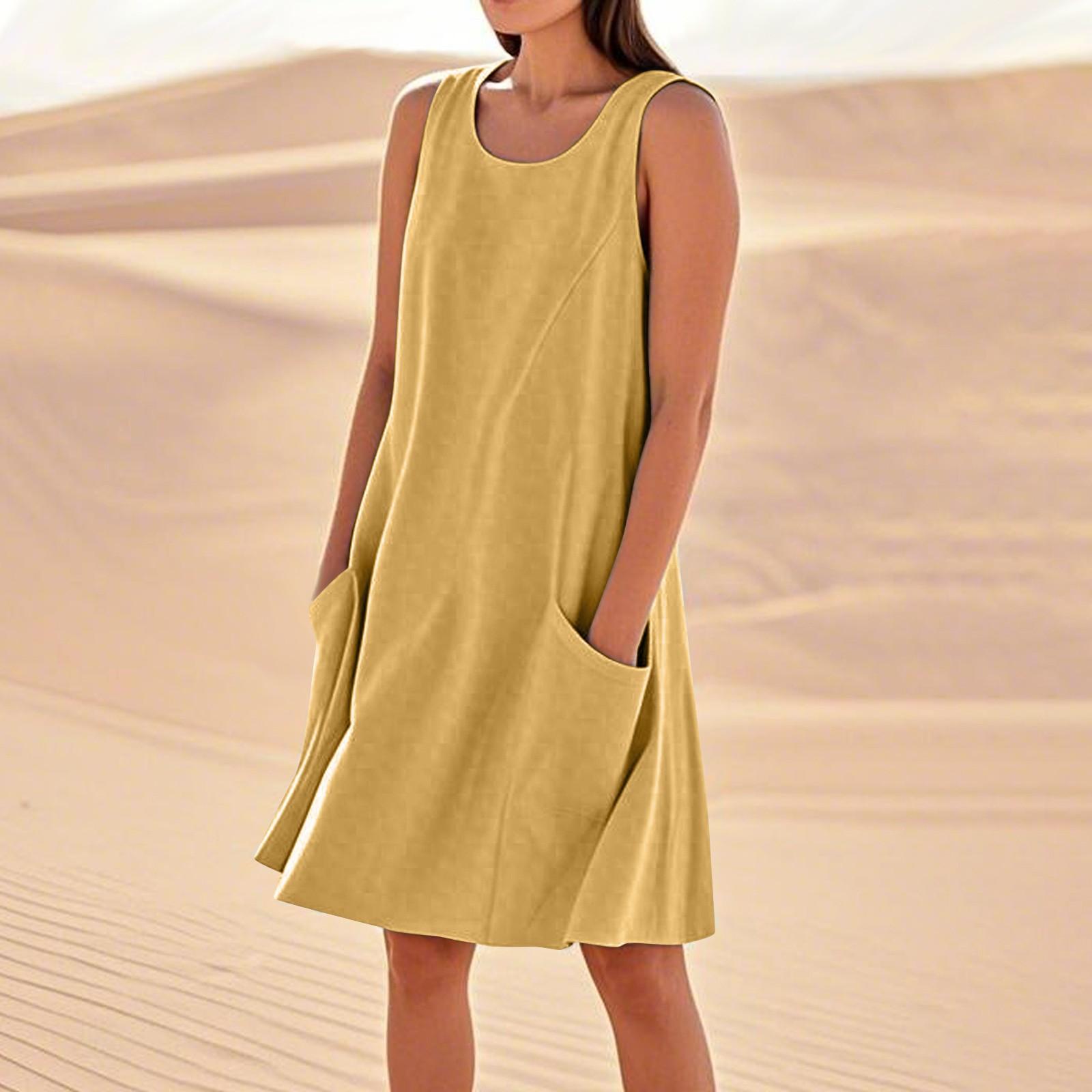 

Летние платья для женщин, свободные пляжные повседневные сарафаны без рукавов с карманами, платье-майка XL жёлтый