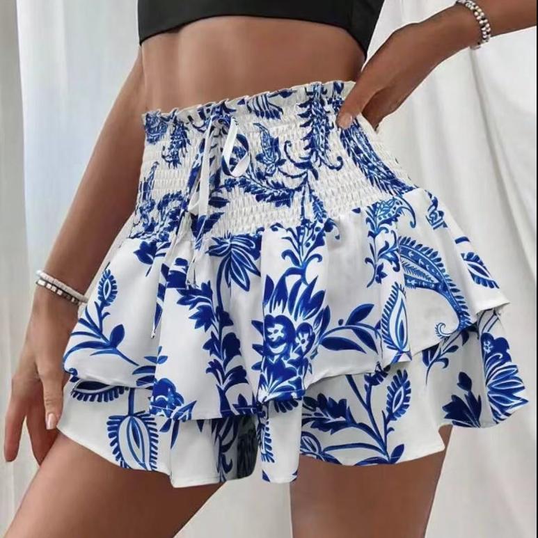 Women's Fashion Floral Skirt Pleated Skirt Ruffle Printed Short Skirt