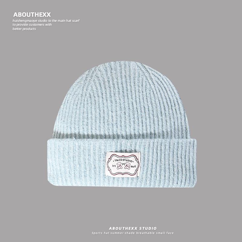 Autumn and Winter Hats for Women Cute Bear Cloth Label Woolen Hat Warm Ear Protection  Outdoor Street Knitted Hat  Small Cold Hat Showing Face