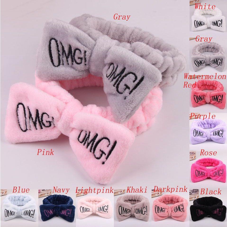 Versatile Candy Color Omg Letters Bow Headband Coral Fleece For Daily Facial Routines