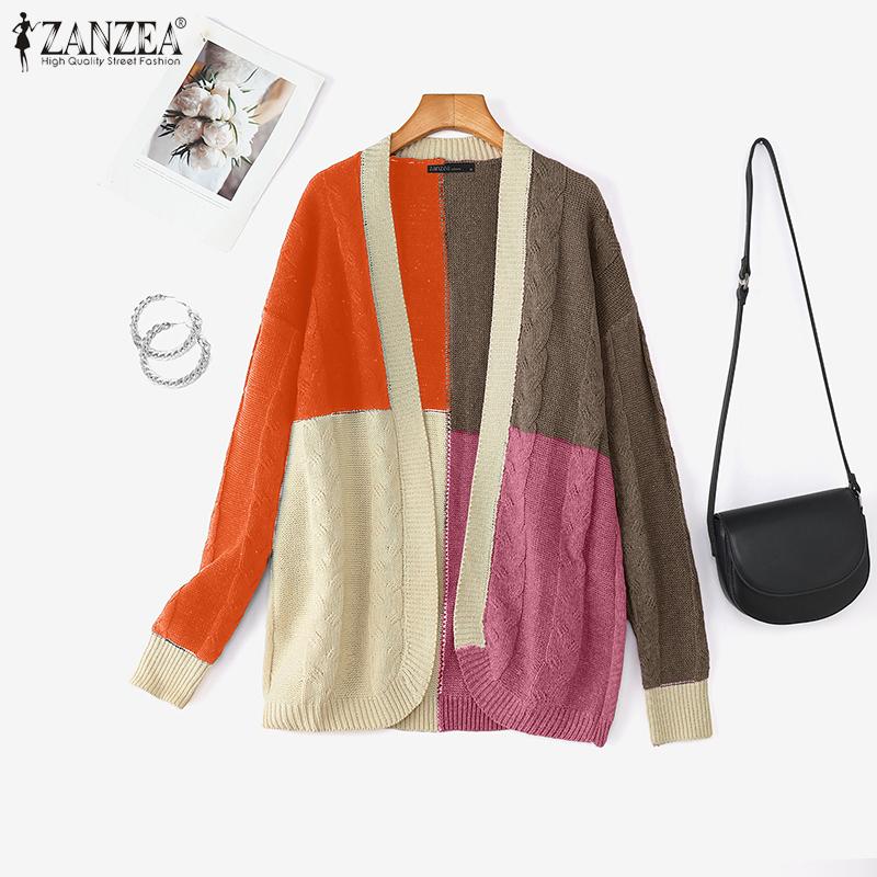 

ZANZEA Осень Зима Женский Свитер с Длинным Рукавом Пэчворк Открытый Спереди Повседневный Свободный Вязаный Трикотаж 2XL
