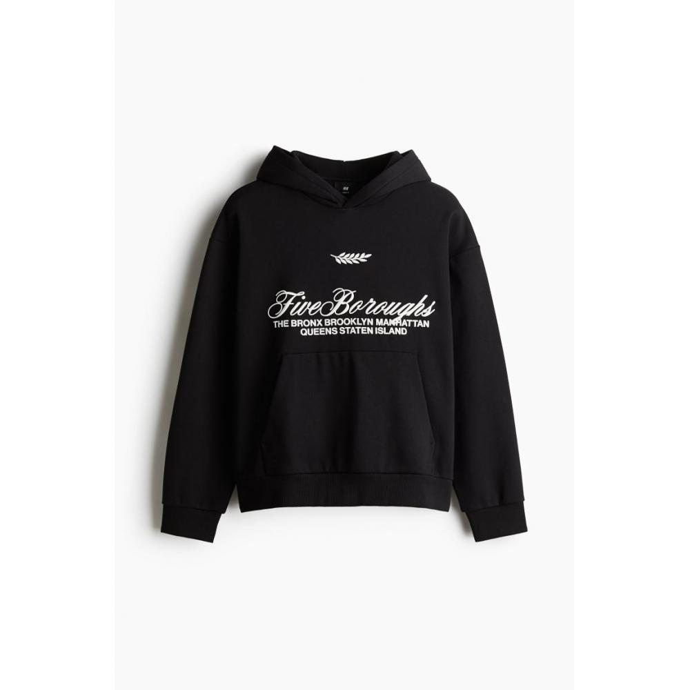H M Loose Fit Printed Hoodie Black Five borougHs
