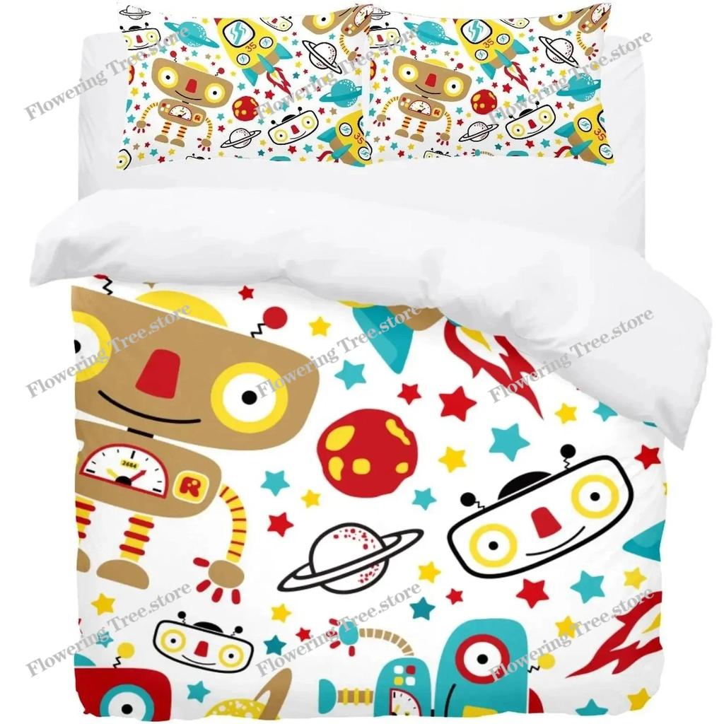 Boys Cartoon Robot Rocket Duvet Cover King Queen Size,Kids Spaceship Bedding Set Starry Galaxy Universe Planet Quilt Cover