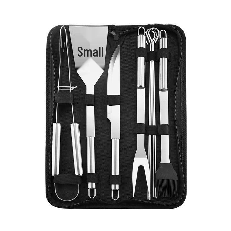 Portable Outdoor Stainless Steel BBQ Grilling Set with Fork, Spatula & Cloth Bag