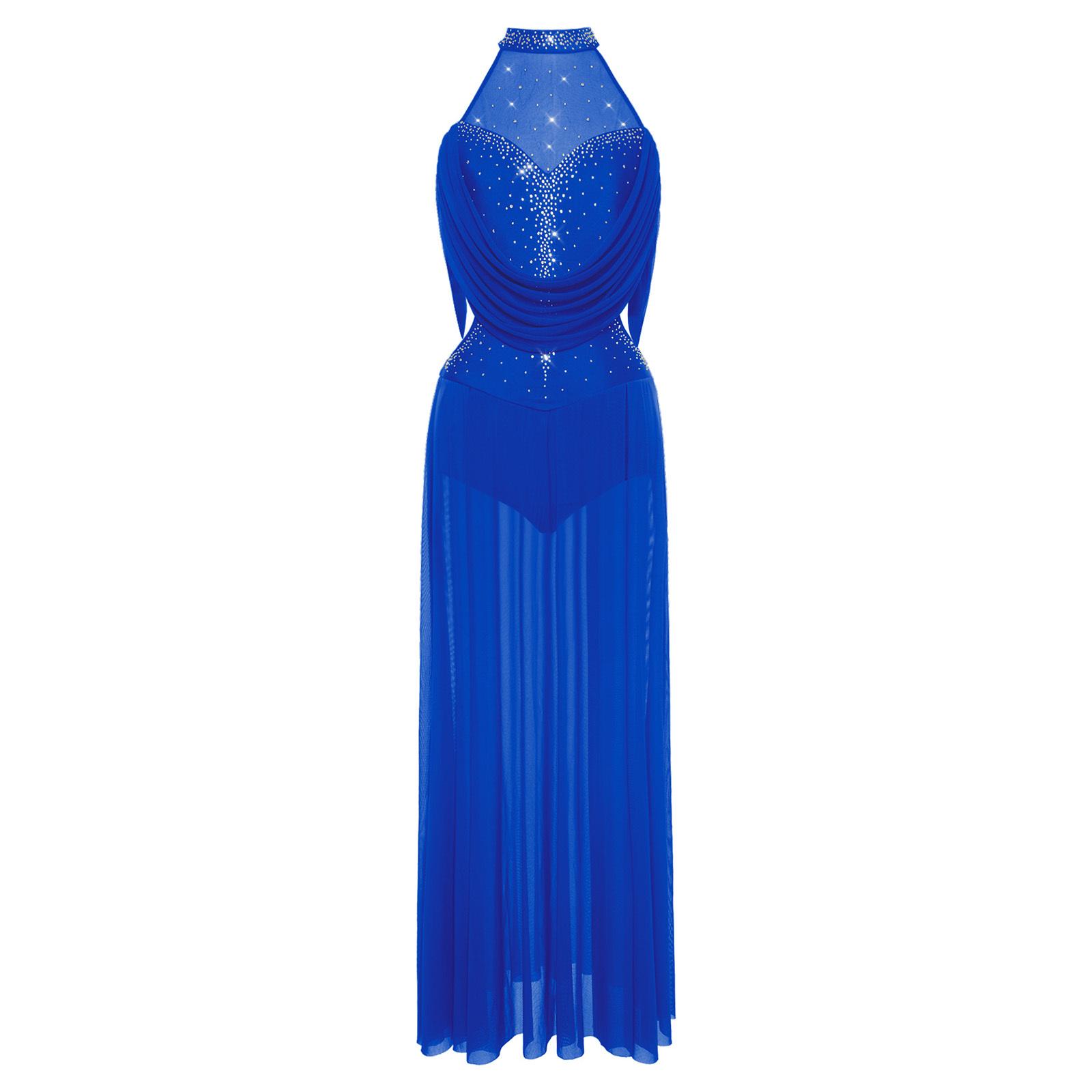 

Womens Sparkly Rhinestones Halter Sleeveless Backless Maxi Long Dress Built In Briefs Dance Costume S королівський синій колір