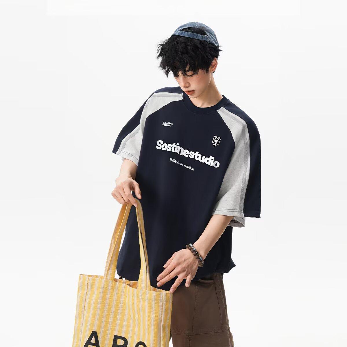 

American Splicing Contrasting Color Shoulder Plugs T-Shirt Men S Summer College Style Sports Style Short Sleeves Letter Printing Small Neckline Half XL тёмно-синий
