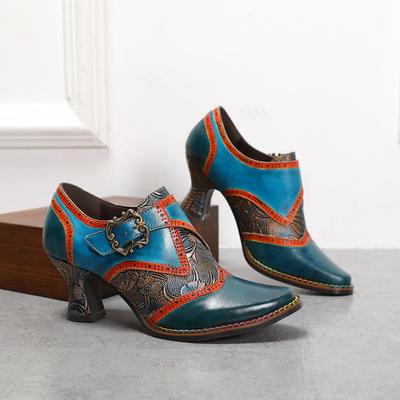 Women Shoes Pumps High Heels Genuine Leather Pointed Toe Retro Floral Handmade Ladies Shoes