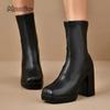 Fashion Pu Black Mid Calf Boots Women  Elegant Square Toe High Heel Chelsea Boots Botas Para Mujer Slip on Women's Botines