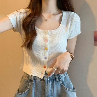 Elegant and Slim Square Neck Rainbow Single Breasted Top Summer Niche Short Sleeved Sweater Short Sleeved T-shirt