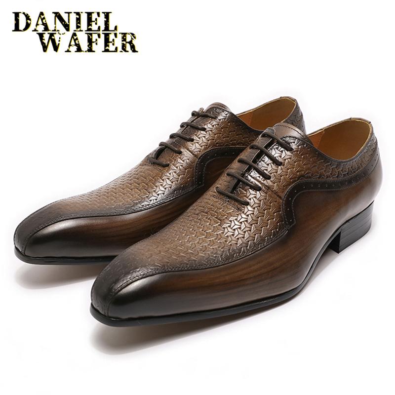 Fashion Luxury Brand Men's Oxford Formal Shoes Black Brown Pointed Toe Lace Up Office Business Wedding Genuine Leather Shoes for Men