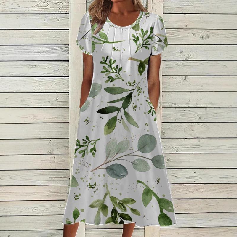 Summer New Plus Size Women Printed Dress Round Neck Vintage Print Floral Loose Dress Women Elegant Fashion Vacation Slim Long Dress with Pockets 26376